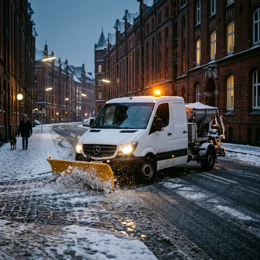Winterdienst-Fahrzeug mit Schneeschild und Streuer räumt eine Straße in Hamburg
