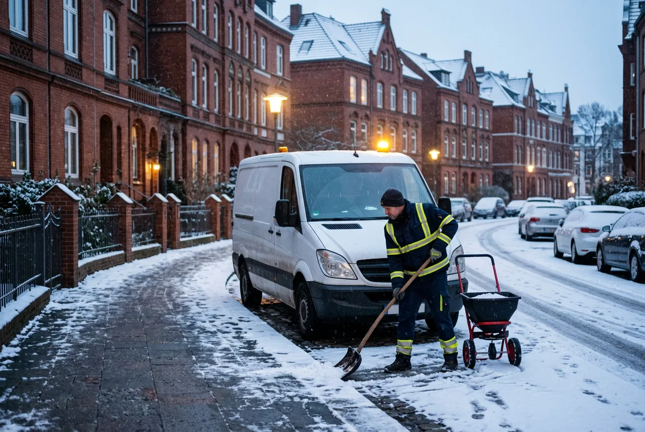 HanseSprint Winterdienst in Hamburg: Gehweg wird vor dem Transporter von Schnee geräumt
